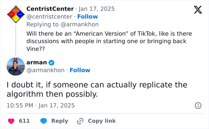 Tweet discussing TikTok’s algorithm and possibility of an American version, adding to app's ongoing controversies.