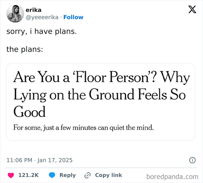 A funny tweet about making plans to lie on the floor, highlighting January's humor.