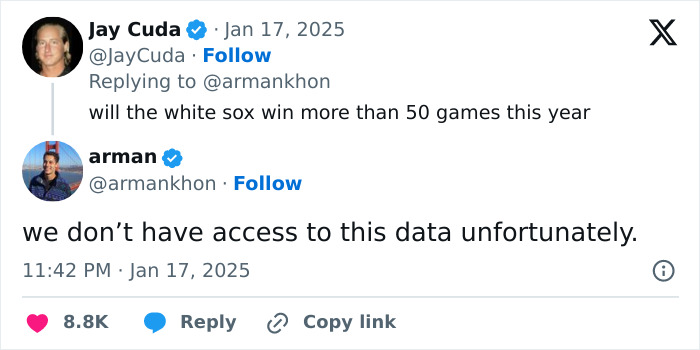 Tweet exchange speculating on White Sox game wins, mentioning data access issues.