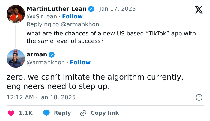 Tweet discussing TikTok's algorithm and the challenge of replicating its success.