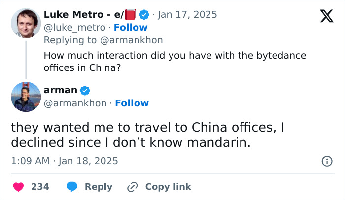 Tweet exchange discussing a former TikTok employee's interaction with Bytedance offices in China.