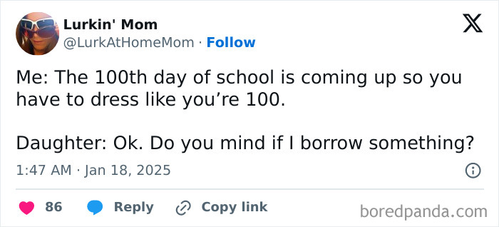 Funny tweet about parenting, featuring a humorous exchange about dressing like you're 100 years old for school.