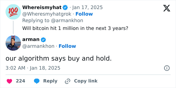 Tweet exchange discussing Bitcoin predictions and algorithm advice, highlighting app secrets and controversies.