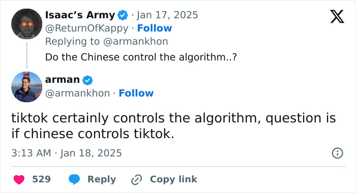 Tweet conversation about TikTok’s algorithm control and Chinese influence.