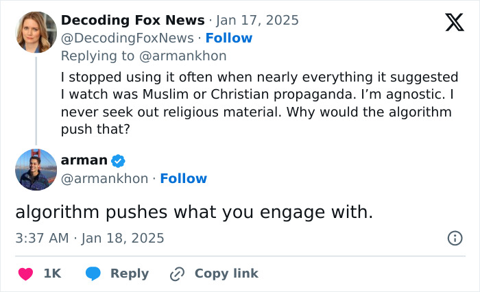 Tweet exchange discussing TikTok app secrets and algorithm issues related to content suggestion biases.