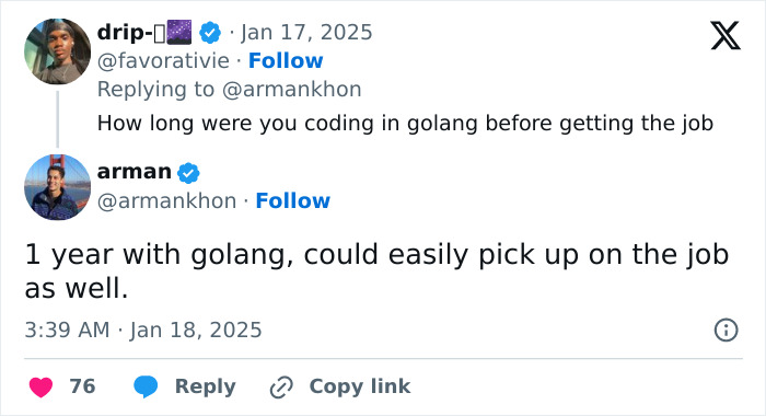 A Twitter conversation about coding experience before a job, related to TikTok's secrets.