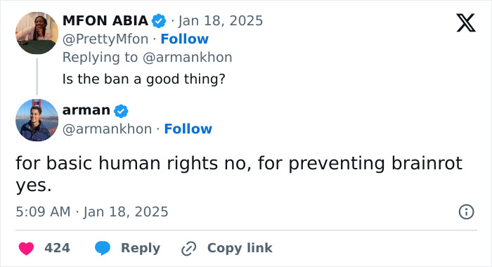 A Twitter exchange discussing the impact of a ban with references to basic human rights and preventing brainrot.