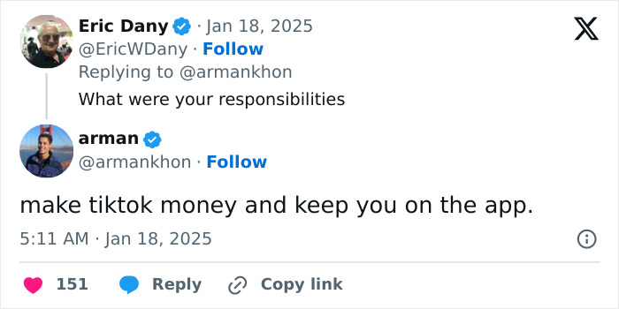 Tweet exchange discussing TikTok secrets about making money and retaining users.