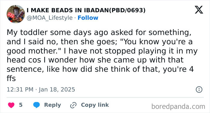 A tweet about funny and heartwarming things toddlers say, with a mother sharing her daughter's unexpected comment.