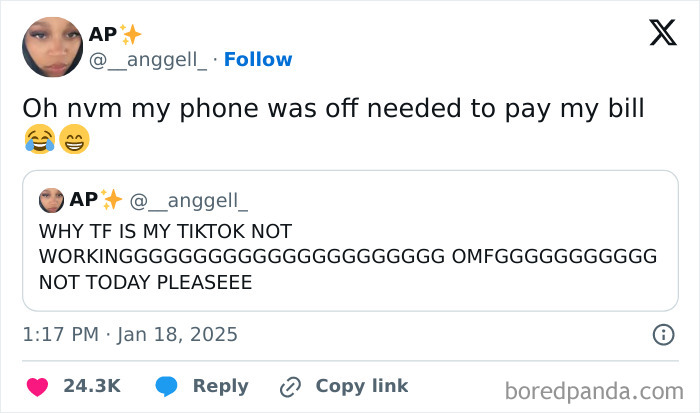 Funny tweet about a phone bill mix-up, helping lighten January's long days.