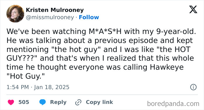 Funny parenting tweet about a child's misunderstanding while watching M*A*S*H.