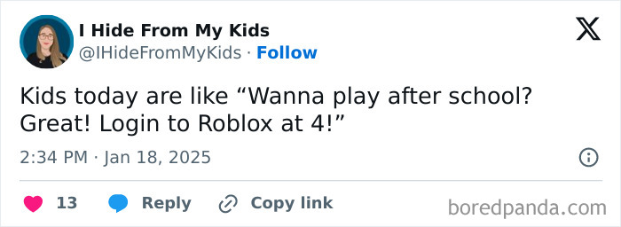 Tweet humorously highlights modern parenting with kids scheduling online playdates on Roblox.