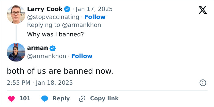 Tweet exchange between two users discussing their account bans on a social media platform.