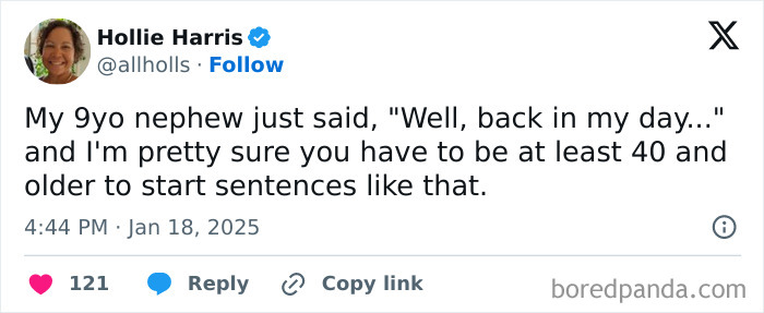 Tweet about parenting humor, where a 9-year-old uses a nostalgic phrase typically spoken by older people.