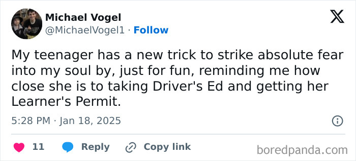 Funny parenting tweet by Michael Vogel about a teenager preparing for Driver's Ed and getting her Learner's Permit.