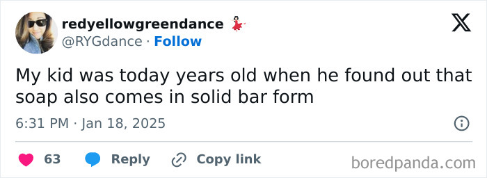 Tweet about parenting humorously mentioning a child's discovery of solid soap bars.