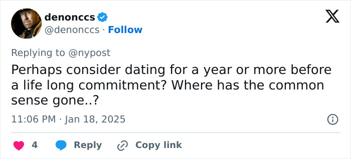 Tweet questioning long-term commitment, suggesting dating before marriage; reflects on common sense and relationship red flags. Tweet questioning long-term commitment, suggesting dating before marriage; reflects on common sense and relationship red flags.