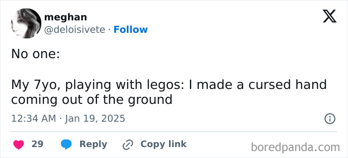 A funny parenting tweet about a child making a Lego hand sculpture.