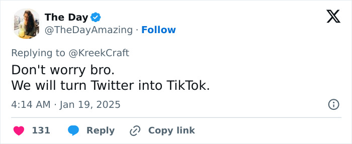 Tweet about TikTok ban, humorously suggesting turning Twitter into TikTok in response.