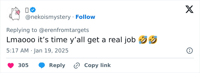 TikTok user comments on US ban: "Lmaooo it&rsquo;s time y&rsquo;all get a real job" with two laughing emojis.