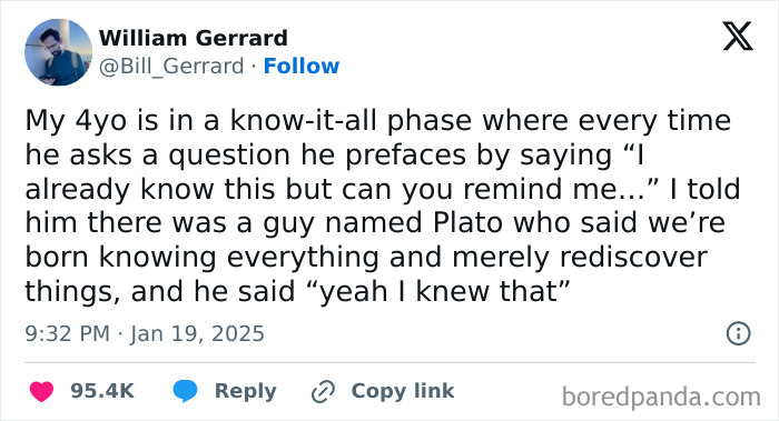 Funny parenting tweet about a know-it-all 4-year-old questioning with confidence, featuring Plato reference.