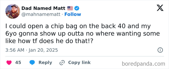 Tweet about parenting humor by Dad Named Matt, describing a child's uncanny ability to detect opened snacks.
