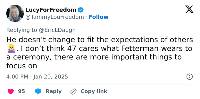Tweet discusses importance beyond clothing choice at ceremony, referencing senator's gym shorts and focusing on priorities.