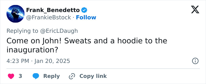 Tweet criticizing gym shorts worn by a senator at presidential inauguration.