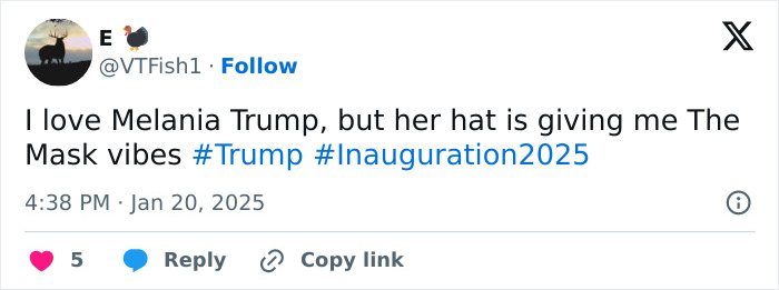 A tweet humorously reacts to Melania Trump's inauguration outfit and hat.