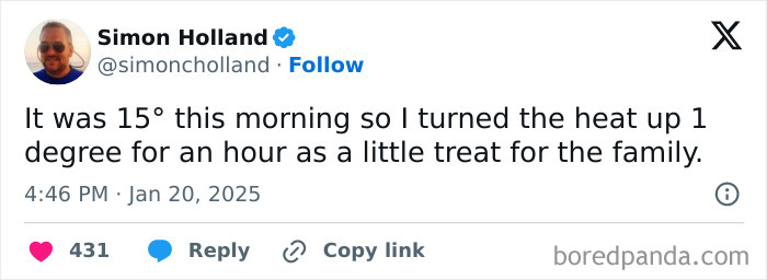 Funny tweet about parenting: "Turned heat up 1 degree for an hour as a treat for the family."