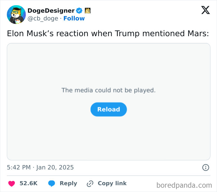 Tweet about Trump's inauguration meme, media error message displayed.
