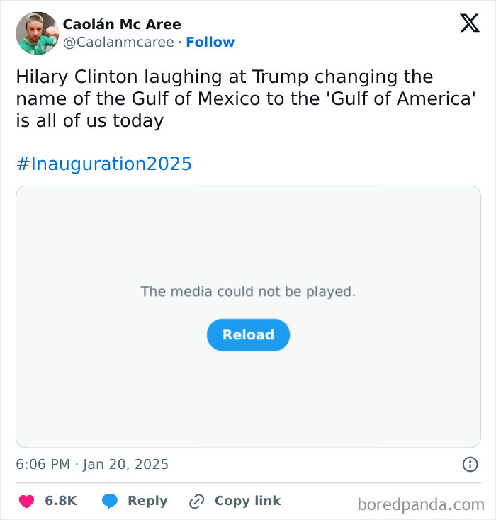 Tweet about a cringeworthy Trump inauguration meme featuring a media error message.
