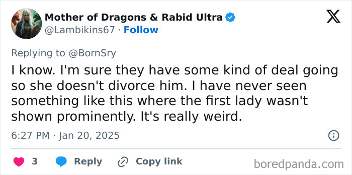 Tweet discussing rumors about Melania using a "body double" and the unusual absence of the first lady.