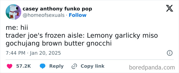 Funny tweet about Trader Joe's describing elaborate frozen food aisle flavors.