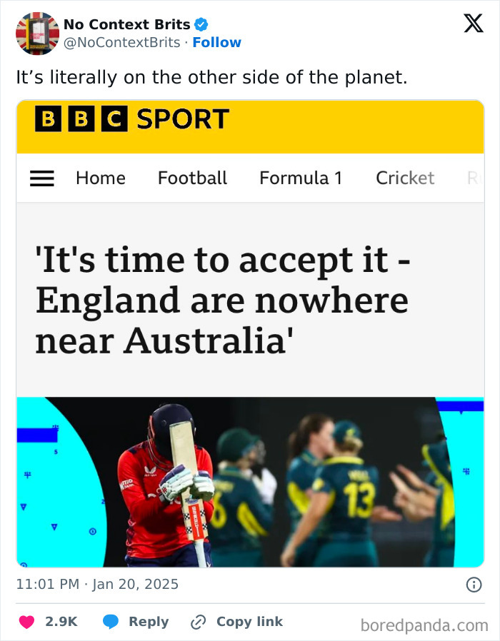 BBC Sport headline about England and Australia, accompanied by an image of a cricket player.
