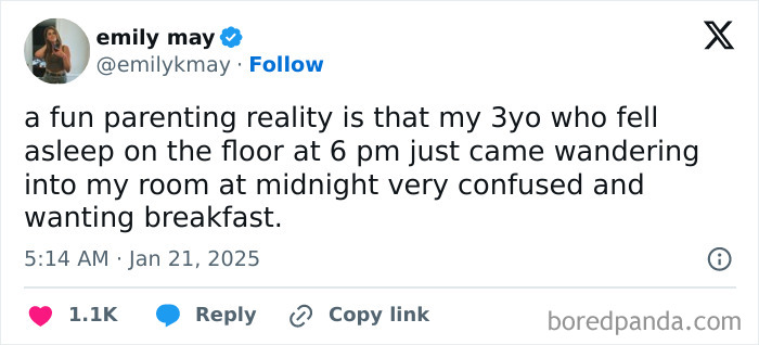 Funny parenting tweet about a child waking up at midnight wanting breakfast after falling asleep early.