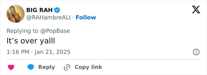 Tweet by user @RAHambreALI saying "It&rsquo;s over yalll" in response to PopBase.