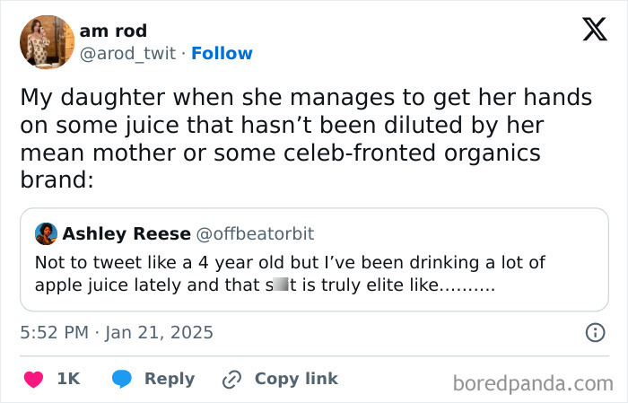 Funny parenting tweet about daughter's excitement over undiluted juice.