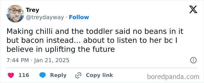 Funny parenting tweet about making chili and a toddler's request for bacon instead of beans.