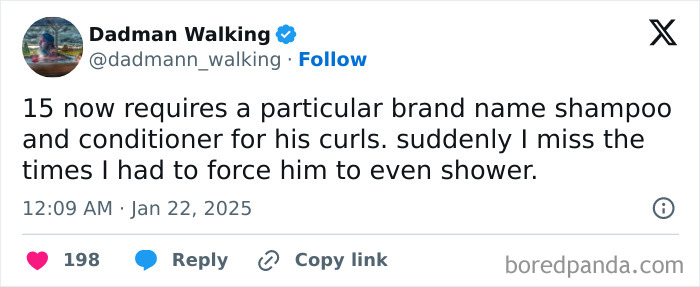 Funny parenting tweet about a teenager's specific shampoo preference, missing the days of coaxing them to shower.