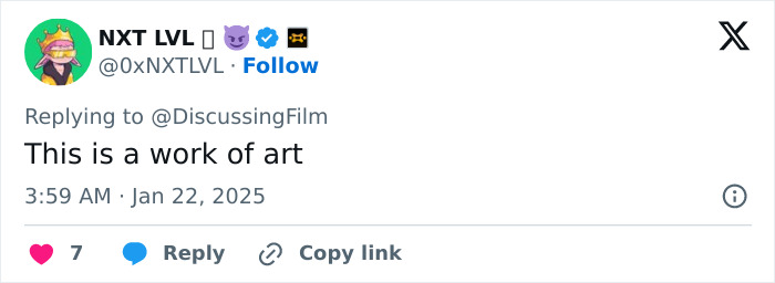 Tweet reply praising Lily-Rose Depp's viral audition video, calling it "a work of art," posted on January 22, 2025.