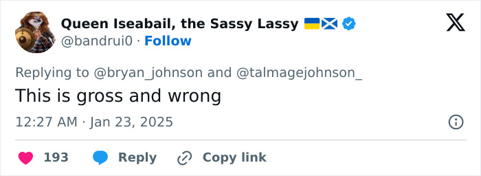 Tweet criticizing billionaire's post on tracking son's details, labeled "gross and wrong," dated January 23, 2025.