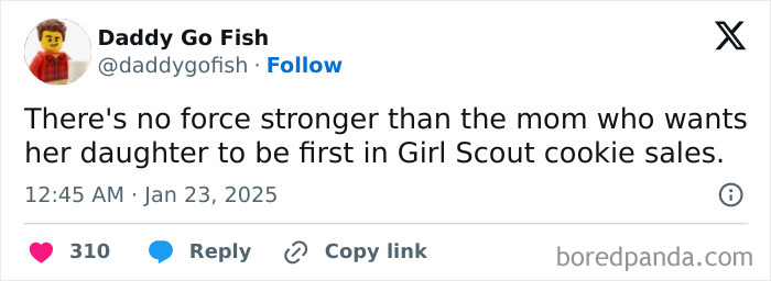 Tweet about a mom's determination for her daughter's Girl Scout cookie sales success, highlighting funny parenting moments.