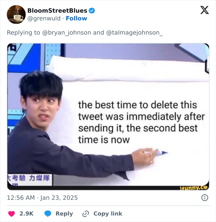 Person pointing at humorous tweet about timing. Keywords: "Billionaire reverse aging.