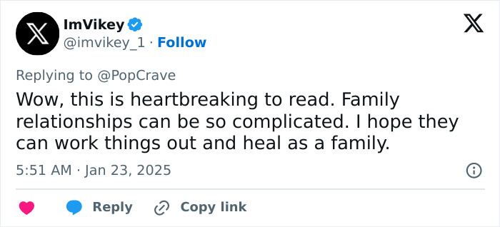 Social media post on family relationships, addressing Billy Ray Cyrus, reads about complications and hopes for family healing.