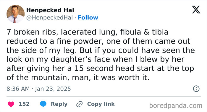 Funny parenting tweet by Henpecked Hal about skiing accident and daughter's reaction.