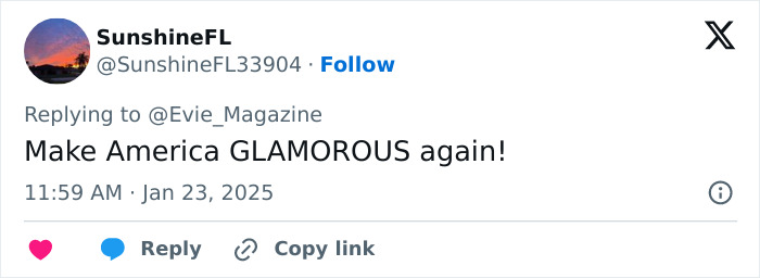 Tweet discussing elegance and class with a reference to making America glamorous again.