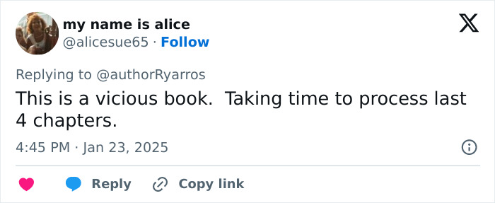 Tweet expressing intense reaction to Onyx Storm's last chapters.