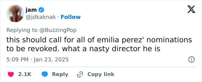 Tweet criticizing Emilia Pérez director and calling for nominations to be revoked. Tweet criticizing Emilia Pérez director and calling for nominations to be revoked.