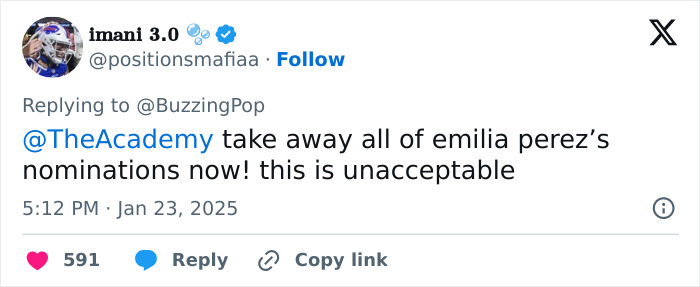Tweet criticizing "Emilia Pérez" director, calling Cynthia Erivo's Oscar nomination unacceptable. Tweet criticizing "Emilia Pérez" director, calling Cynthia Erivo's Oscar nomination unacceptable.